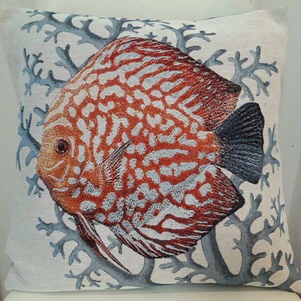 Housse de coussin tapisserie jacquard discus orange corail bleu 45x45 cm Déco intérieur tendance - coussin déco - crémaillère - anniversaire