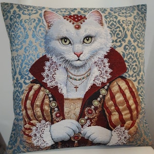 猫柄を配置したクリーム色のジャガードタペストリークッションカバー45x45cm。トレンディな装飾 - 装飾クッション - 新築祝い - 誕生日