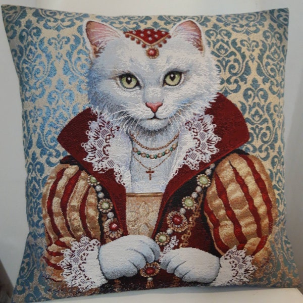 Housse de coussin tapisserie jacquard crème motif placé chat  45x45 cm. Déco tendance - coussin déco - crémaillère - anniversaire