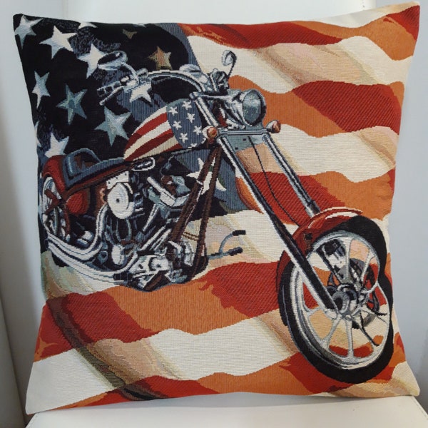Housse de coussin tapisserie jacquard motif placé moto drapeau US 45x45 cm. Déco d'intérieur tendance - crémaillère - anniversaire