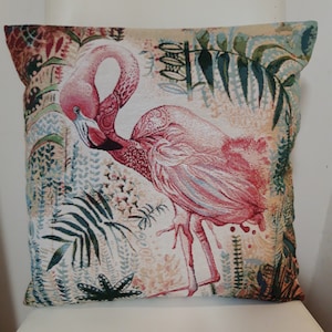 Housse de coussin tapisserie jacquard flamant rose 45 x 45 cm. Deco d'intérieur tendance - coussin déco - crémaillère - anniversaire