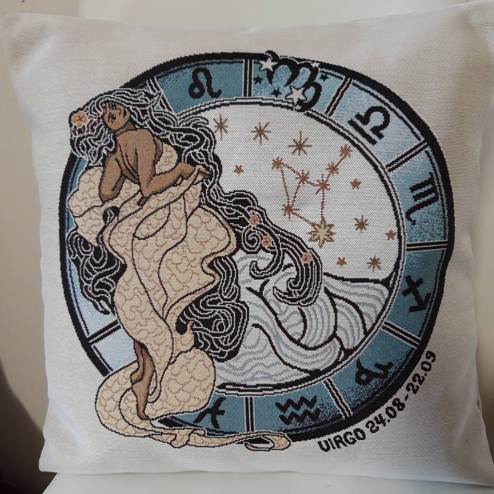 Housse de Coussin Tapisserie Jacquard Signe Zodiaque Vierge 45x45 cm. Déco d'intérieur - Déco Crémai