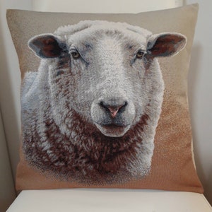 Peut inclure: Un coussin carré décoratif avec un gros plan détaillé du visage d'un mouton. Le mouton a de la laine blanche, des yeux bruns et un nez rose. Le fond est de couleur marron clair, et le coussin est probablement en tissu tissé.