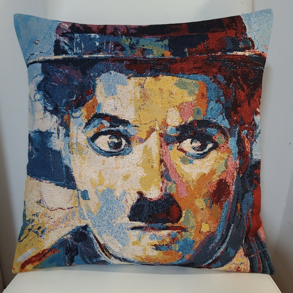 Housse de coussin tapisserie jacquard motif placé Charlie Chaplin 2 45x45 cm. Déco d'intérieur tendance - crémaillère - anniversaire