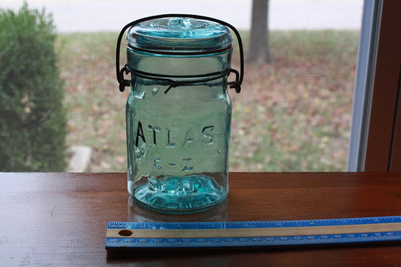 Antique 6 Inches Blue Atlas Ez Seal Glass Lid Mason Jar Old Image 0