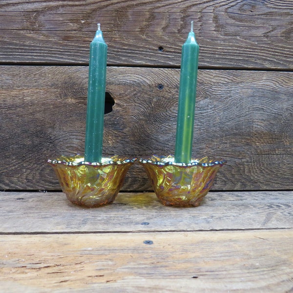 Vintage Indiana Glass amber carnival glass "wild rose" pattern taper candle holders