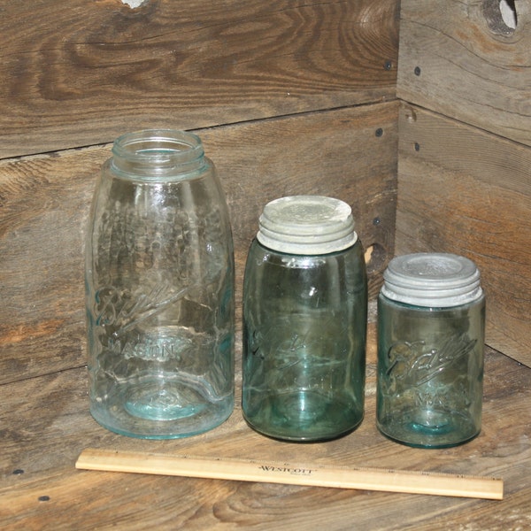 Mason Jars, 1990-1910 Blue Ball Jars 1-Half Gallon, 1-Quart, & 1- Pint Ball jar, Vintage Triple L Free Shipping