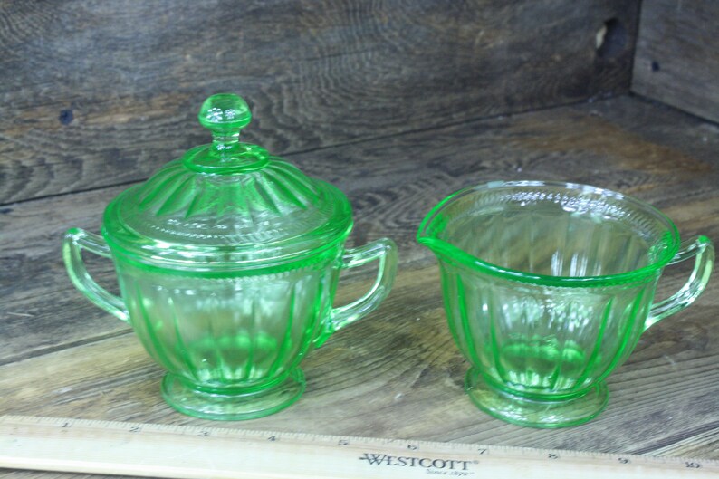 Green Creamer and Sugar bowl with lid by Federal Glass Uranium Etsy