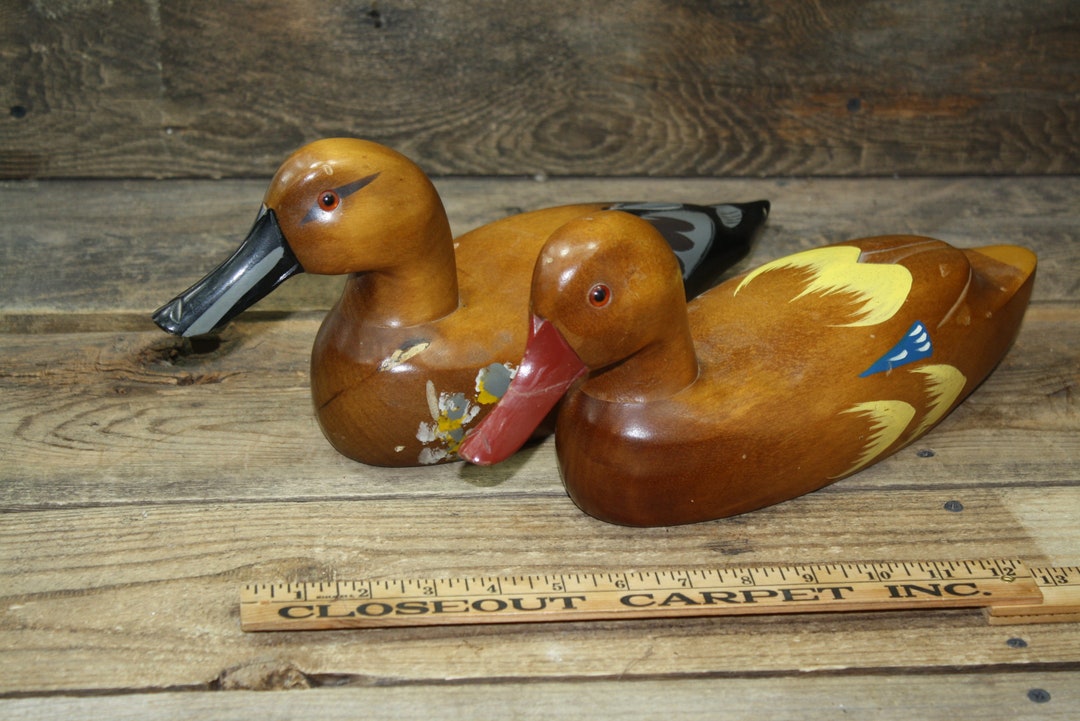 Two Wooden 15 Inch Duck Decoy Glass Eyes Hand Painted Etsy