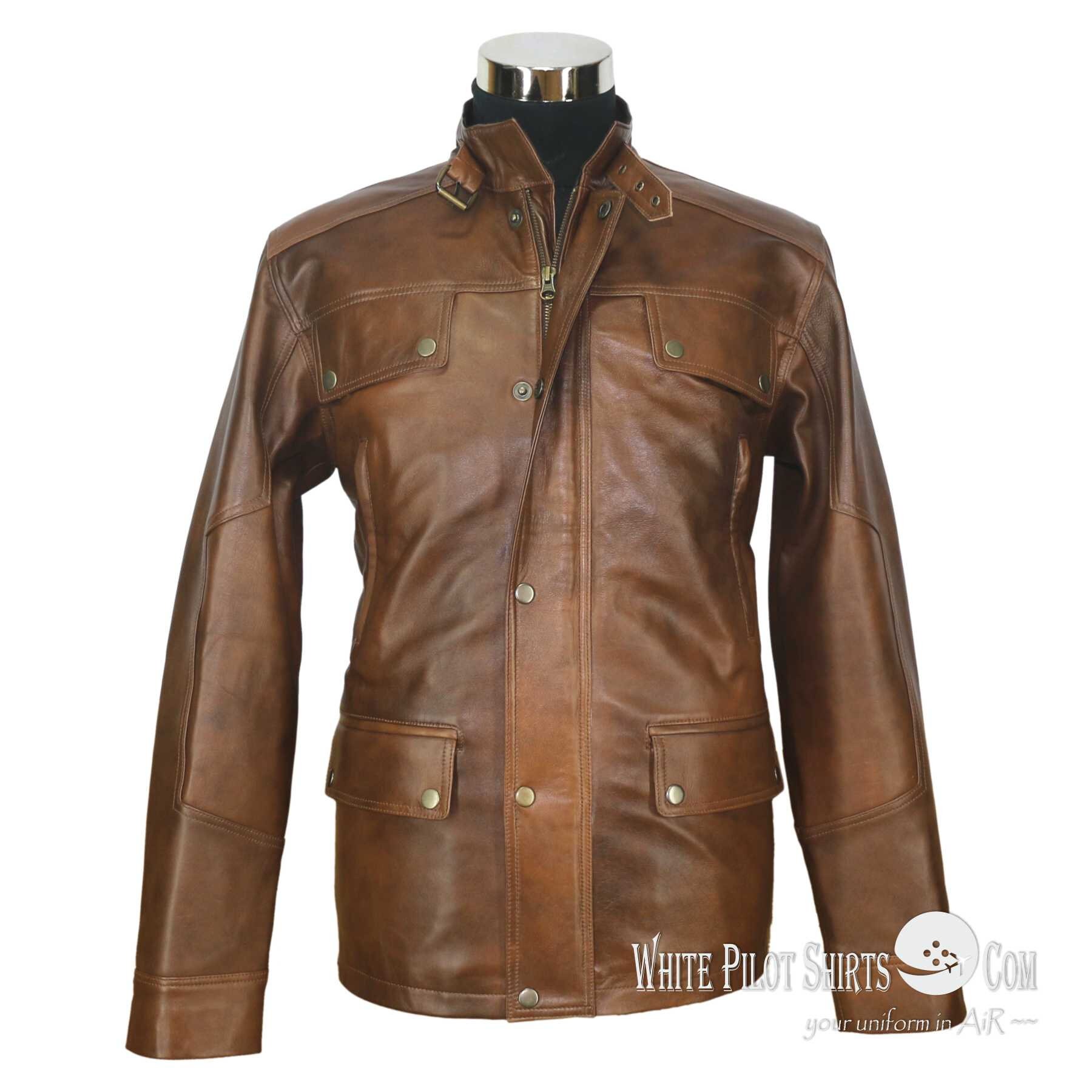 Leather Jacket For Men Antique Brown Military Field Motorbike Gent 4 Pocket Flap