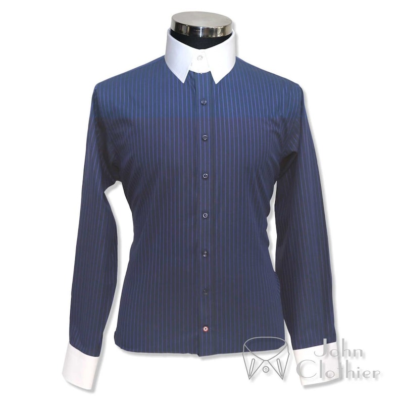 James Bond collar Bankers Cotton shirt Mens Sky Blue pin stripes Loop Tab Gents