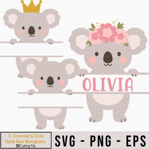 Koalabeer monogram SVG-bundel, koala clipart, babyshower, Cricut cut-bestand, sublimatie, digitale download, kinderuitnodiging, png-monogram