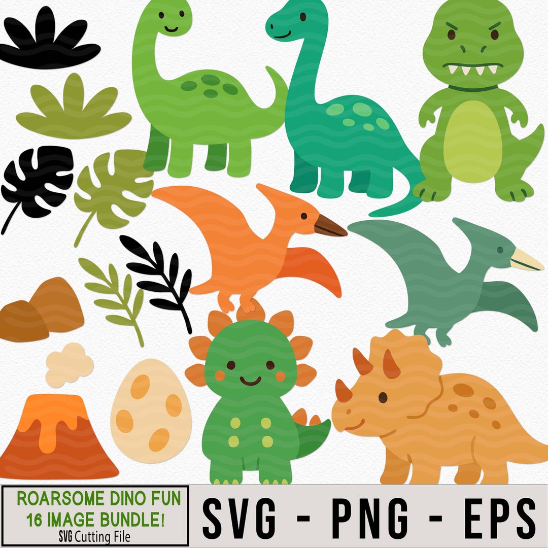 Dinosaur SVG Bundle, Cute Dinosaur Clipart, Dino Party Invitation PNG ...