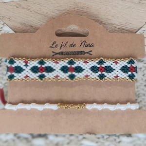 Lot de 2 Bracelets d'Amitié Noël "houx" Fait Main - Motifs Festifs Doré Rouge Blanc Vert - Cadeau - enfants ados adultes - dmc 14 fils