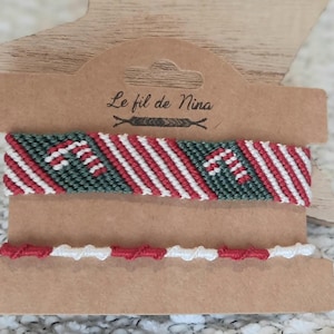 Juego de 2 pulseras de la amistad con bastones de caramelo navideños, hechas a mano, con patrones festivos en rojo, blanco y verde, regalo de Navidad, para niños, adolescentes y adultos, DMC 16 hilos.