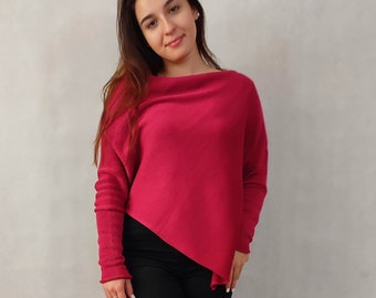 Sweater - knitted cotton poncho, loose sweater in pink