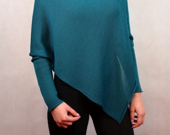 Ponczo-sweter BASIC z dzianiny w kolorze turkusowym