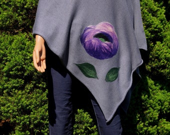 Handmade gray poncho with purple flower worsted wool detail inspired by nature