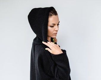 black long cardigan with a hood