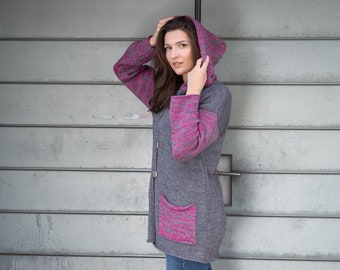 Cardigan caldo fatto a mano, maglione con cappuccio