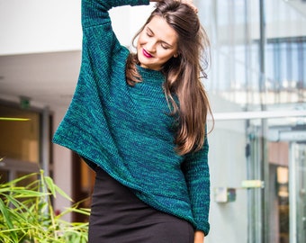 Wide melange knitted sweater, short fashionable sweater