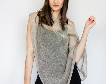 100% linen summer poncho in the color of natural linen, transparent linen fabric, natural linen