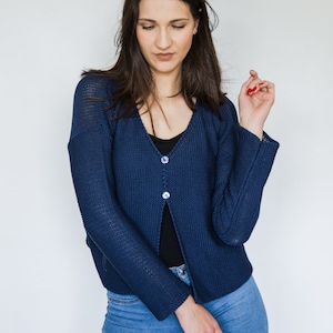 Navy blue BASIC short cardigan, handmade, women's cardigan, knitted sweater, cotton sweater image 1