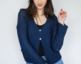 Navy blue BASIC short cardigan, handmade, women's cardigan, knitted sweater, cotton sweater