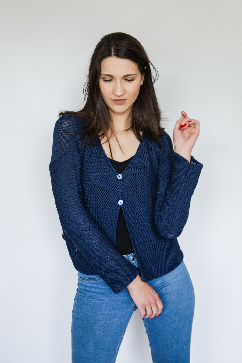 Navy blue BASIC short cardigan, handmade, women's cardigan, knitted sweater, cotton sweater image 1