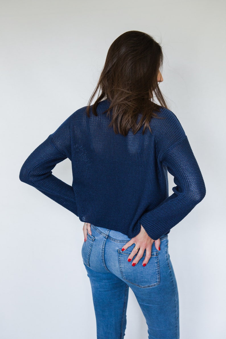 Navy blue BASIC short cardigan, handmade, women's cardigan, knitted sweater, cotton sweater image 7