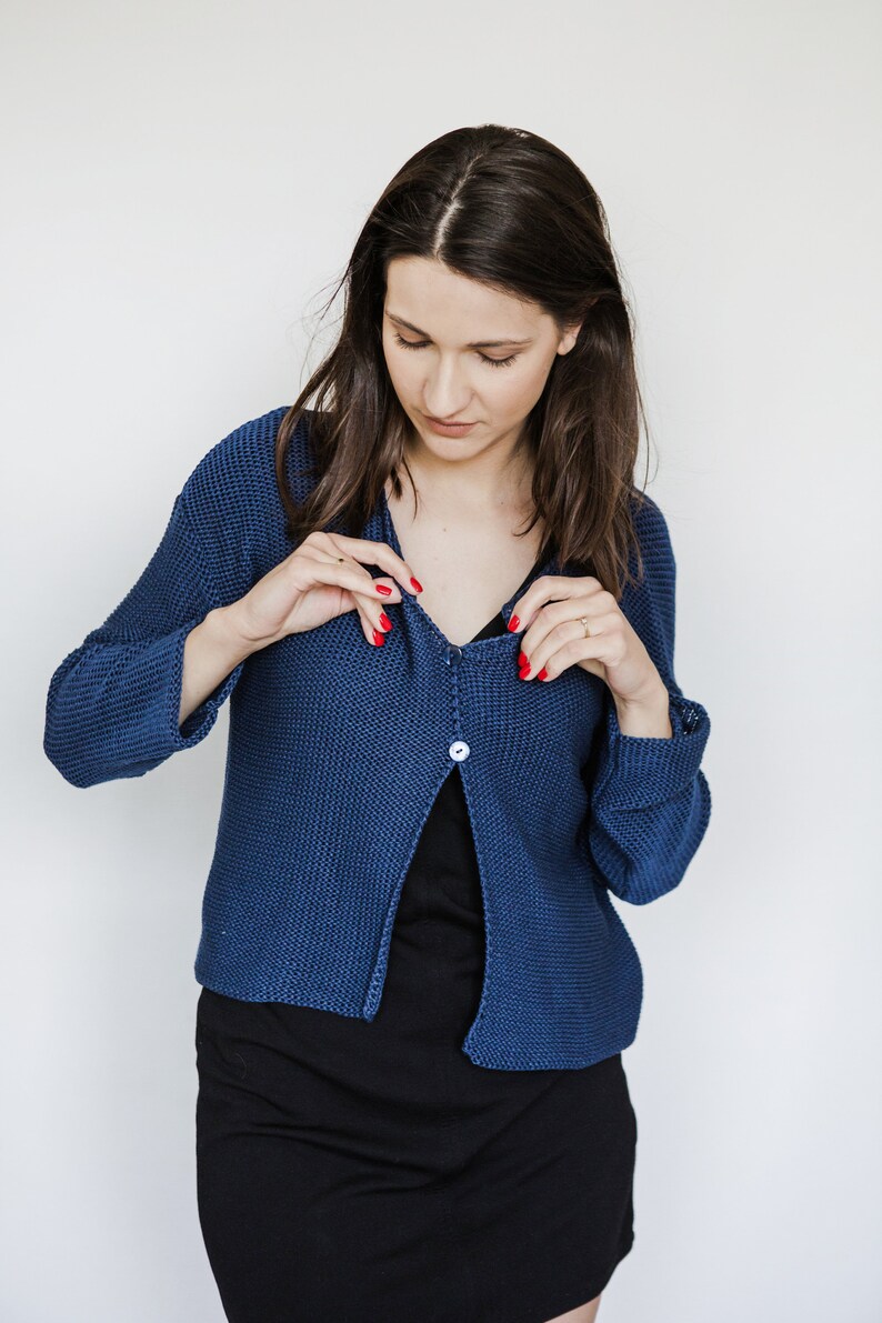 Navy blue BASIC short cardigan, handmade, women's cardigan, knitted sweater, cotton sweater image 4