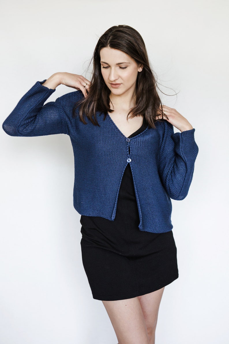 Navy blue BASIC short cardigan, handmade, women's cardigan, knitted sweater, cotton sweater image 3