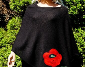 Handmade cotton poncho in black with red flower wollen detail