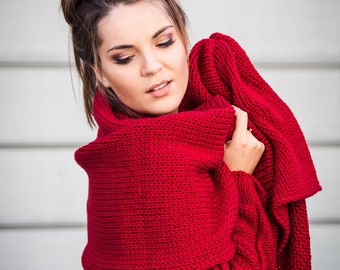 Thick warm dark red merino wool shawl,