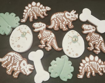 Può includere: Un set di 10 biscotti di zucchero a tema dinosauri, tra cui un triceratopo, uno stegosauro e un T-Rex, oltre a uova e ossa di dinosauro. I biscotti sono decorati con glassa bianca e hanno una base marrone.
