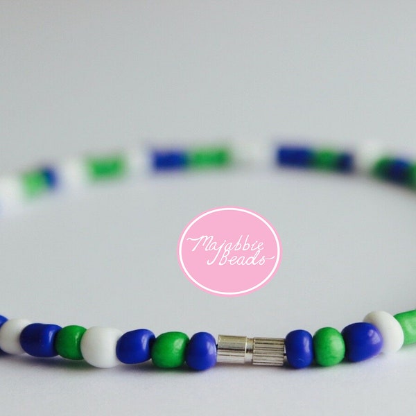 Green, White & Blue Ankle Bracelet || Handmade Anklet || Beaded Anklet || Silver Screw Clasp || Beautiful Adornment