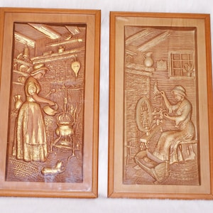 Vintage Collectible 2 Sculptured Framed Art Women Village Rustic Folk Pictures