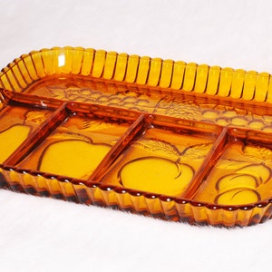 Vintage Collectible Indiana Amber Glass Fruit Pattern Divided Serving Platter