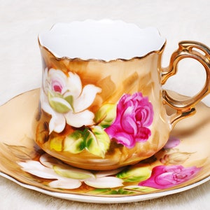 Vintage Collectible Lefton China Heritage Brown Handpainted Floral Teacup Saucer
