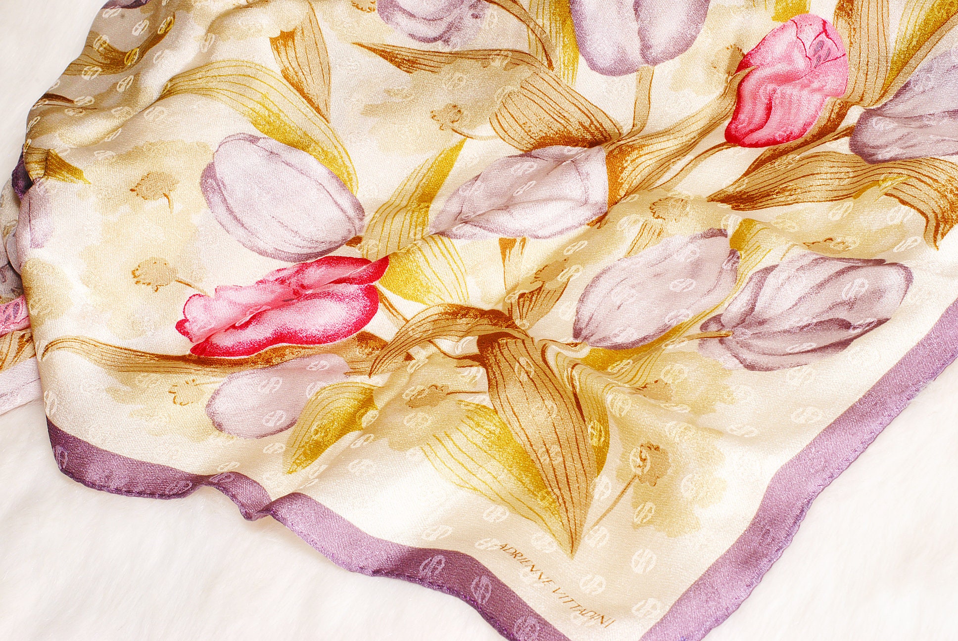Vintage Collectible 3 Adrienne Vittadini Floral Beige Purple Orange Silk Scarves