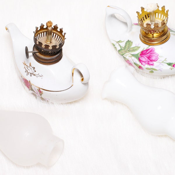 Vintage Collectible 2 Porcelain Aladdin Style Oil Lamps Victorian Floral Decor