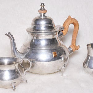 Vintage Collectible Williamsburg Kirk Steiff Pewter Wood Handle 3 Piece Tea Set
