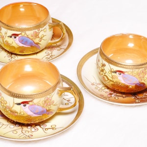 Vintage Collectible Japan Handpainted Lusterware Floral Bird 3 Teacups 3 Saucers