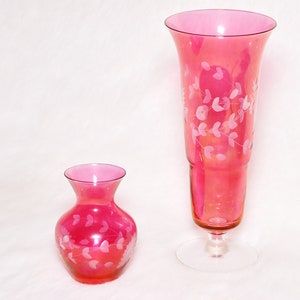 Vintage Collectible 2 Cranberry Floral Pattern Etched Crystal Glass Vases