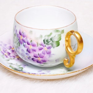 Antique Collectible W Wehinger Austria Purple Green Gold Floral Teacup Saucer