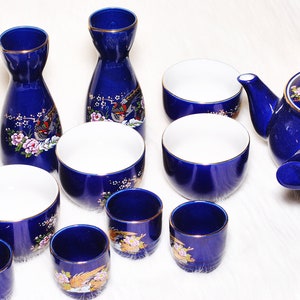 Vintage Collectible Japanese Tea Set Cobalt Blue Gold Peacock Serving 12 Pieces