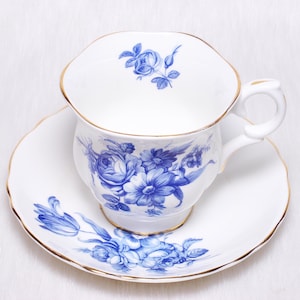 Vintage Collectible Crown Staffordshire England Blue Floral Teacup Saucer Set