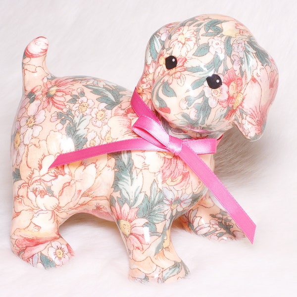 Vintage Collectible Joan Baker Designs Floral Puppy Dog with Bow Toy Decor