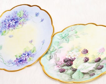 Antique Collectible Vienna Austria Fruit Floral Gold Trim 2 Hand Painted Plates