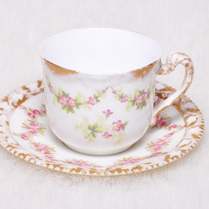 Antique T&V France Depose Demitasse Cup and Saucer: Floral Gold Pink